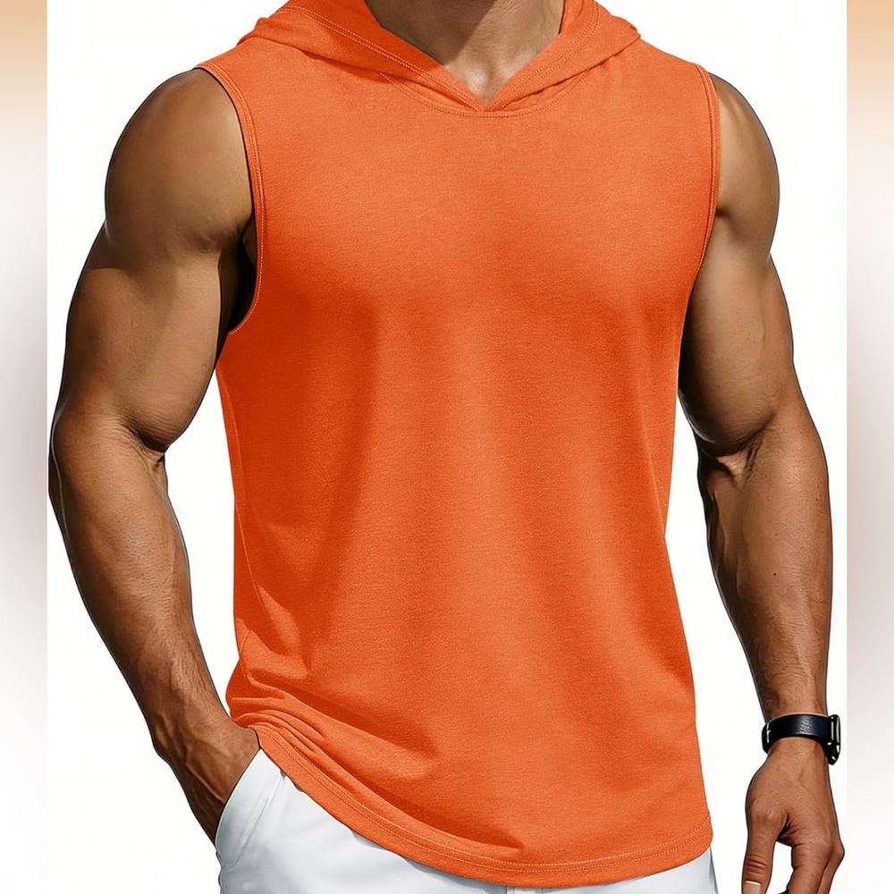 NWT. Men's Orange Sleeveless Hoodie Tank Top